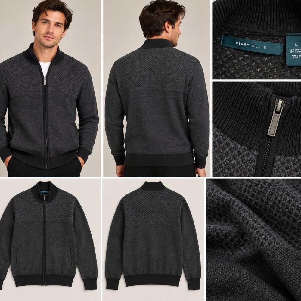 Perry Ellis Full Zip Sweater Mens Large Grey Old Money Quiet Luxury Textured